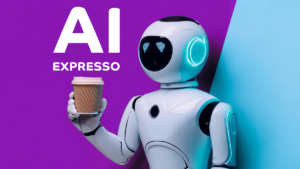 A humanoid robot holding a coffee cup against a split purple and teal background, with the text "ai expresso" above.